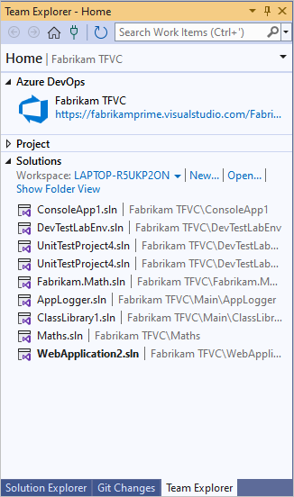 Zrzut ekranu przedstawiający rozwiązania na stronie głównej programu Team Explorer.