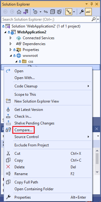 Zrzut ekranu przedstawiający opcję Porównaj w menu kontekstowym Eksplorator rozwiązań.