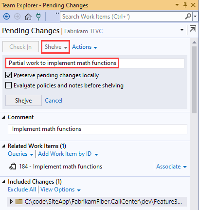 Zrzut ekranu przedstawiający stronę Oczekujące zmiany w programie Team Explorer. W sekcji Shelve wyróżniono nazwę opisjącą pracę.