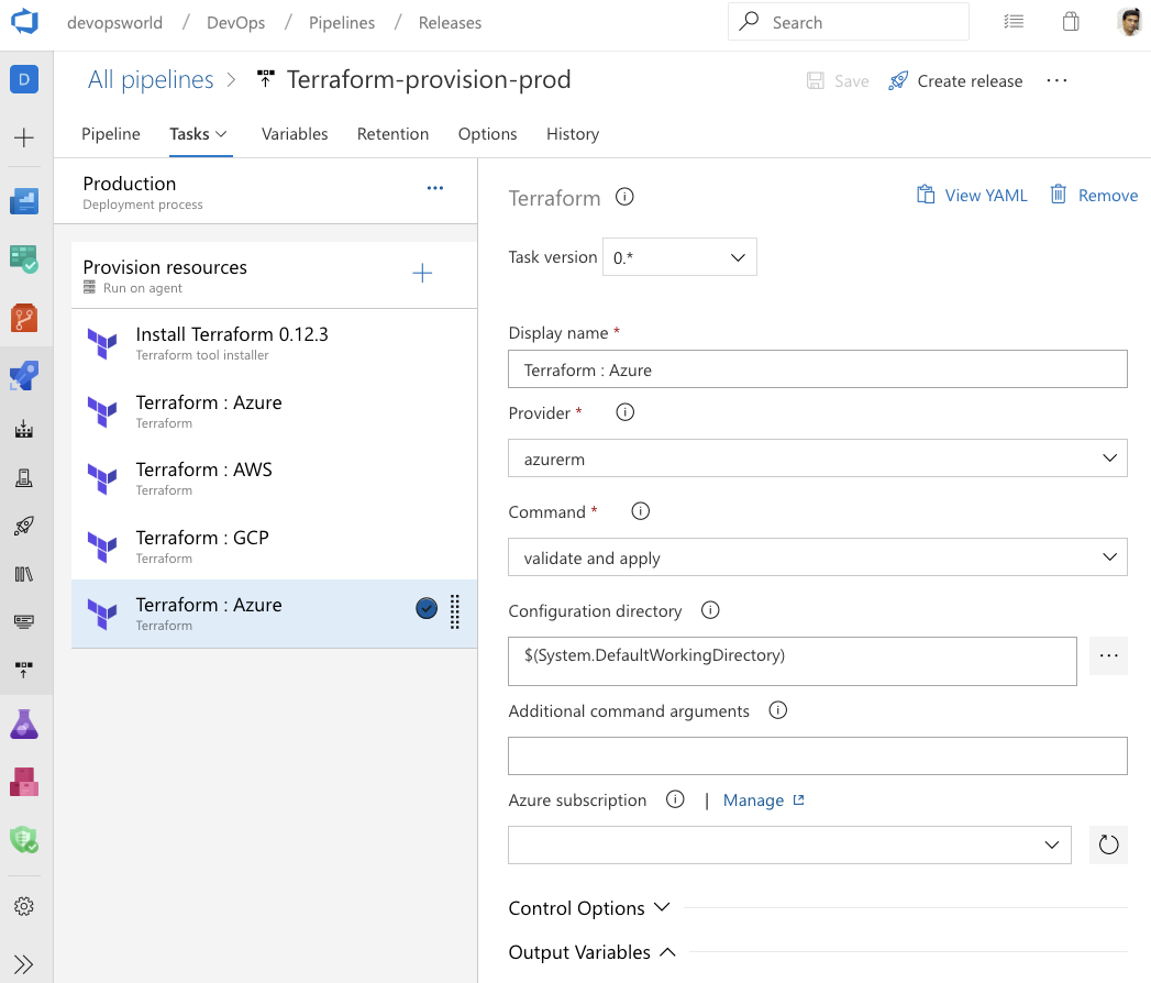 Zrzut ekranu przedstawiający integrację narzędzia Terraform z usługą Azure Pipelines.