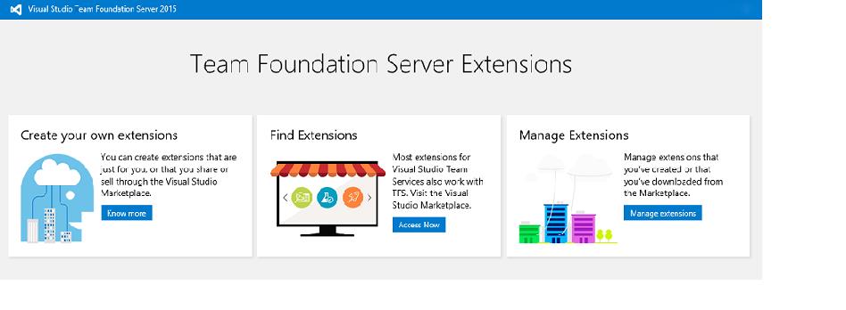 Rozszerzenia lokalne można przekazać do serwera Team Foundation Server i zainstalować w określonych kolekcjach projektów zespołowych. Rozszerzenia można również pobrać z witryny Visual Studio Marketplace i przekazać do serwera Team Foundation Server.