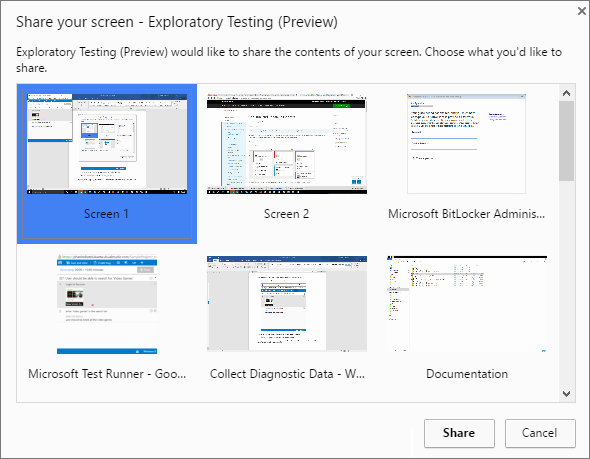 Zrzut ekranu przedstawiający wybieranie ekranu lub aplikacji do zarejestrowania.
