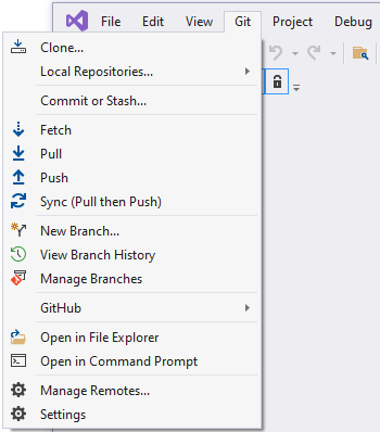 Zrzut ekranu przedstawiający menu git programu Visual Studio 2019.