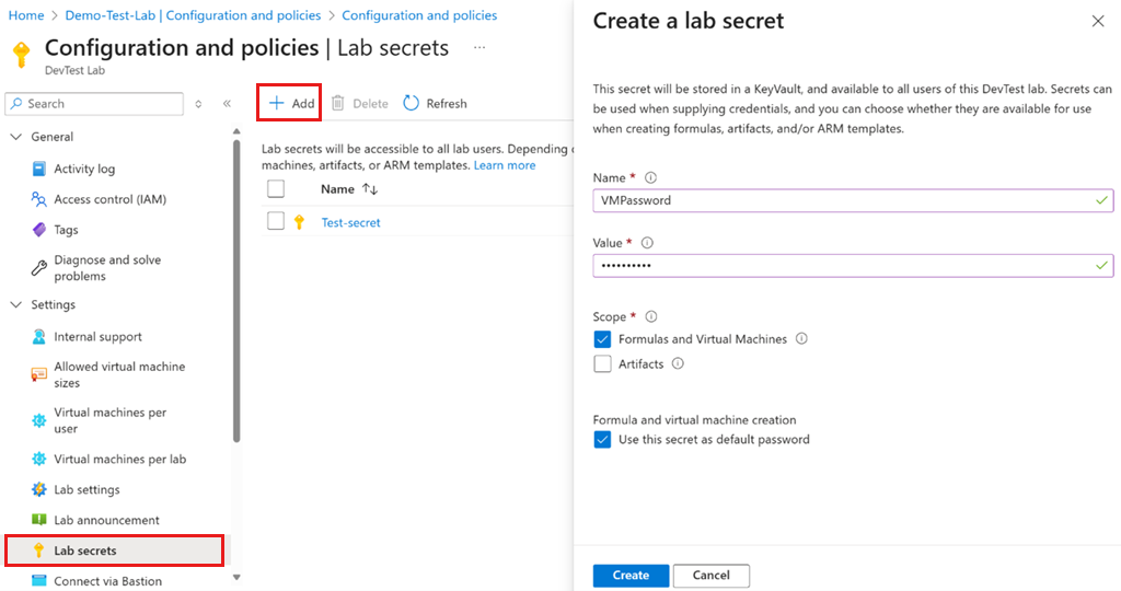Zrzut ekranu z Lab Secrets w Azure DevTest Labs.