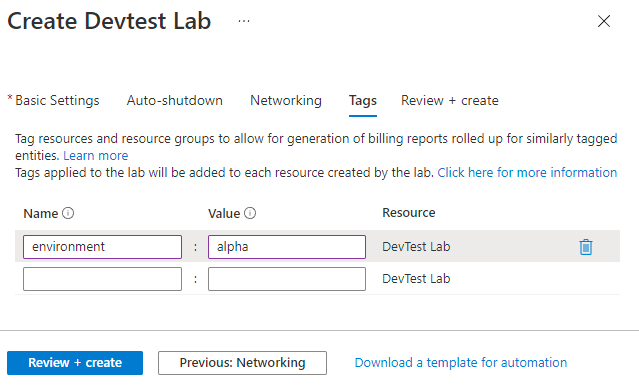 Zrzut ekranu przedstawiający kartę Tagi w formularzu Tworzenie usługi DevTest Labs.