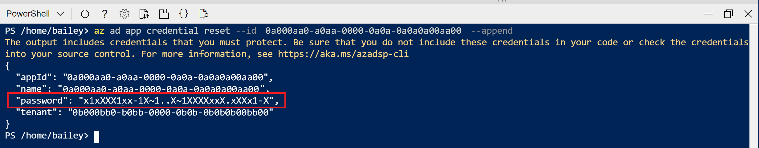 Zrzut ekranu przedstawiający dane wyjściowe usługi Cloud Shell polecenia tworzenia rejestracji aplikacji. Wartość hasła jest wyróżniona.