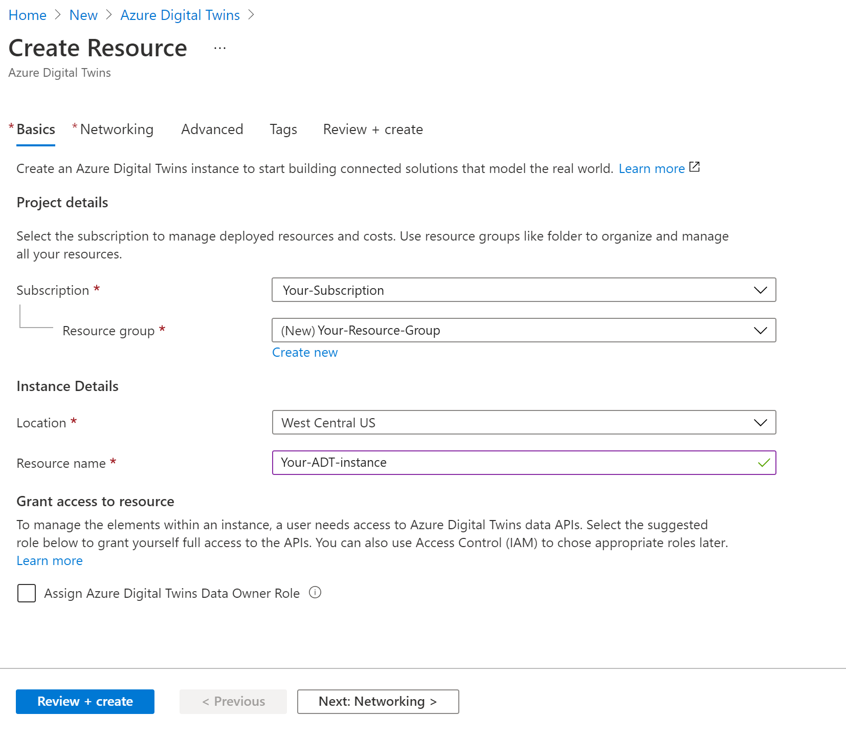 Zrzut ekranu przedstawiający proces tworzenia zasobu dla usługi Azure Digital Twins w witrynie Azure Portal. Opisane wartości są wypełniane.