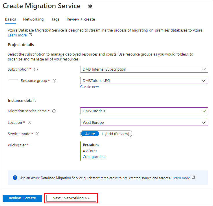 Konfigurowanie ustawień wystąpienia usługi Azure Database Migration Service