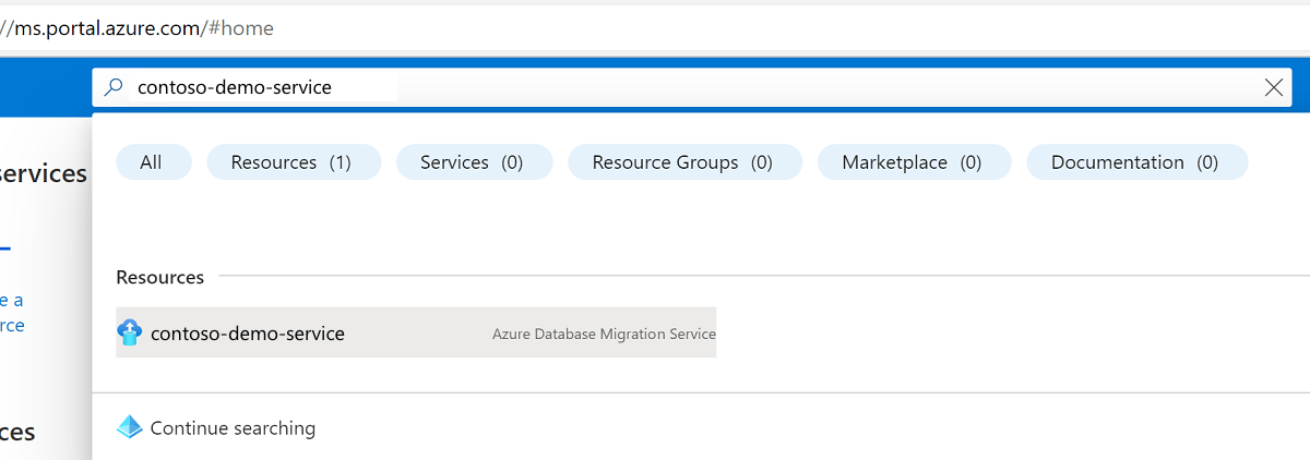 Screenshot that shows how to search for a resource name in the Azure portal.