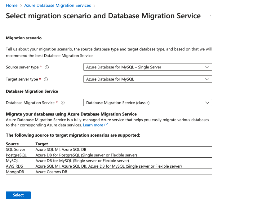 Zrzut ekranu przedstawiający wybieranie scenariusza migracji.