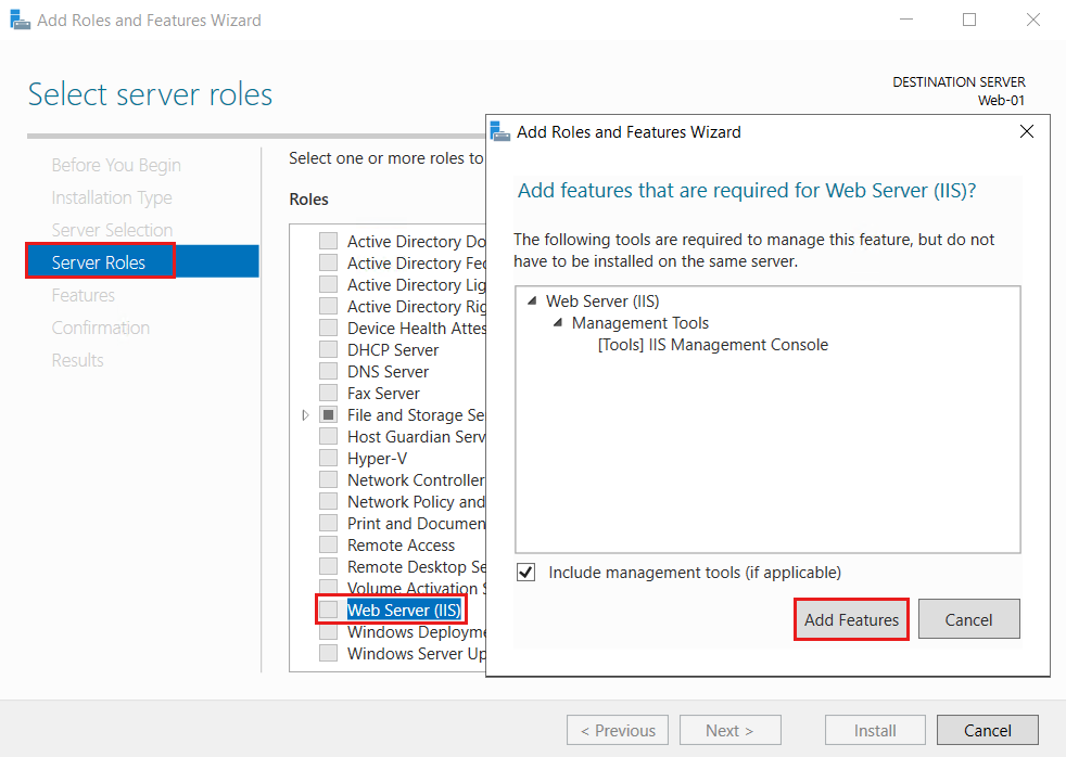 Zrzut ekranu przedstawiający Kreatora dodawania ról i funkcji w systemie Windows Server 2019 przedstawiający sposób instalowania serwera sieci Web we/wy przez dodanie roli serwera sieci Web.