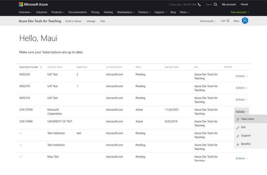Zrzut ekranu przedstawiający menu Akcje w portalu zarządzania azure Dev Tools for Teaching.