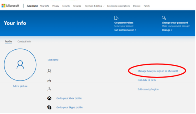 Zrzut ekranu przedstawiający link do zarządzania logowaniem do firmy Microsoft.