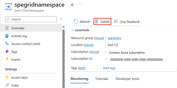 Zrzut ekranu przedstawiający sposób usuwania przestrzeni nazw usługi Event Grid.