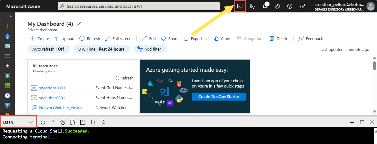 Zrzut ekranu przedstawiający witrynę Azure Portal z wybraną pozycją Cloud Shell otwórz i powłoką Bash.