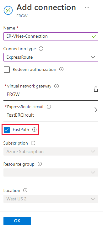 Zrzut ekranu przedstawiający pole wyboru FastPath na stronie dodawania połączenia.