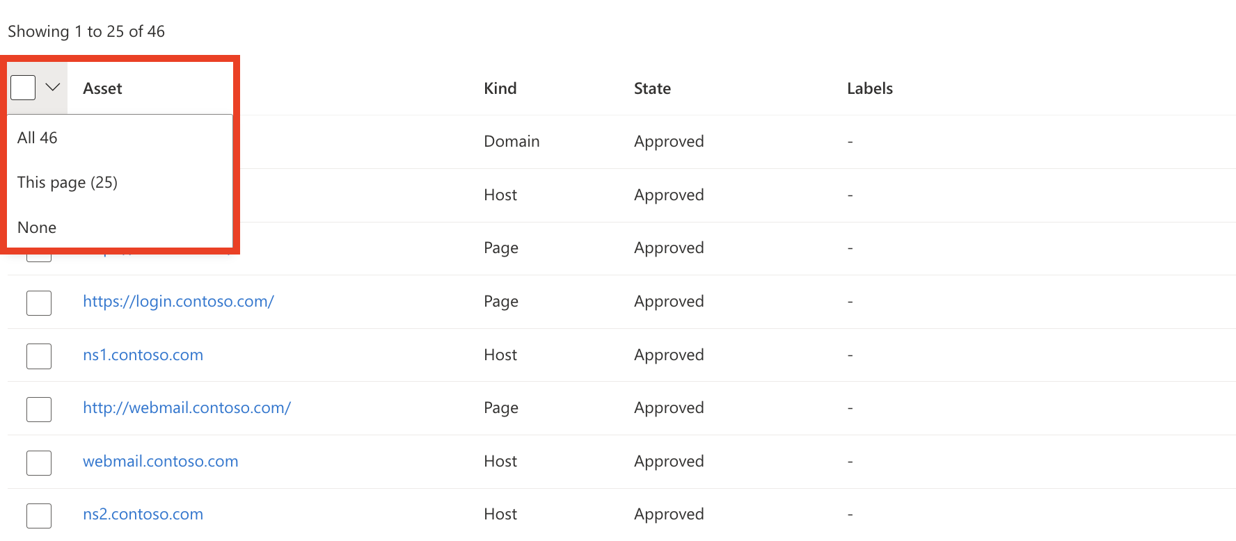 Zrzut ekranu przedstawiający widok listy spisu z otwartą listą wyboru zbiorczego.