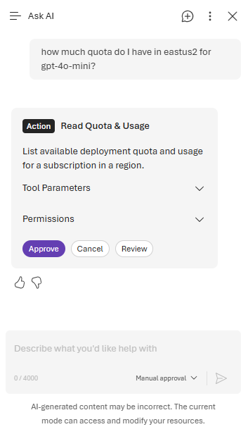Zrzut ekranu przedstawia czat Ask AI po prawej stronie portalu Foundry. Agent Ask AI odpowiada na zapytanie użytkownika, proponując uruchomienie akcji dla użytkownika w celu zatwierdzenia.