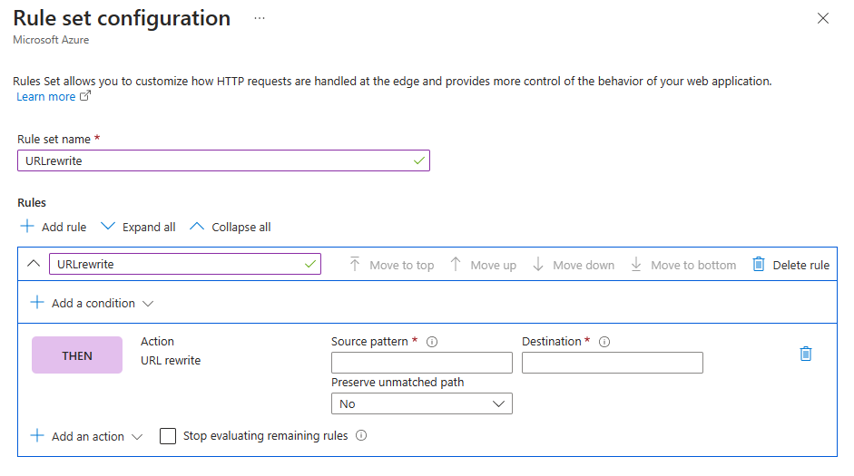 Zrzut ekranu przedstawiający akcję ponownego zapisywania adresu URL w konfiguracji zestawu reguł.