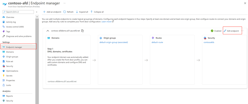 Zrzut ekranu przedstawiający stronę docelową usługi Azure Front Door Manager.