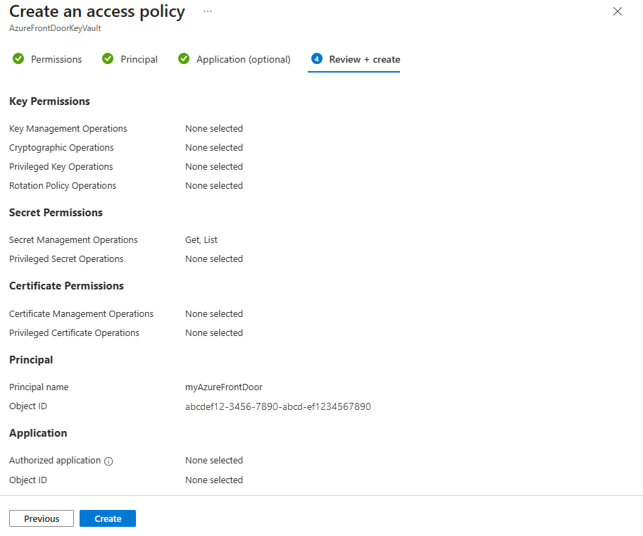 Screenshot of the review and create tab for the Key Vault access policy.