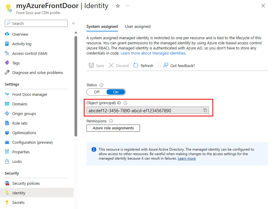 Screenshot of the system assigned managed identity registered with Microsoft Entra ID.