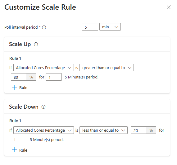 Zrzut ekranu przedstawiający sposób konfigurowania reguły skalowania w skalowaniu opartym na obciążeniu.