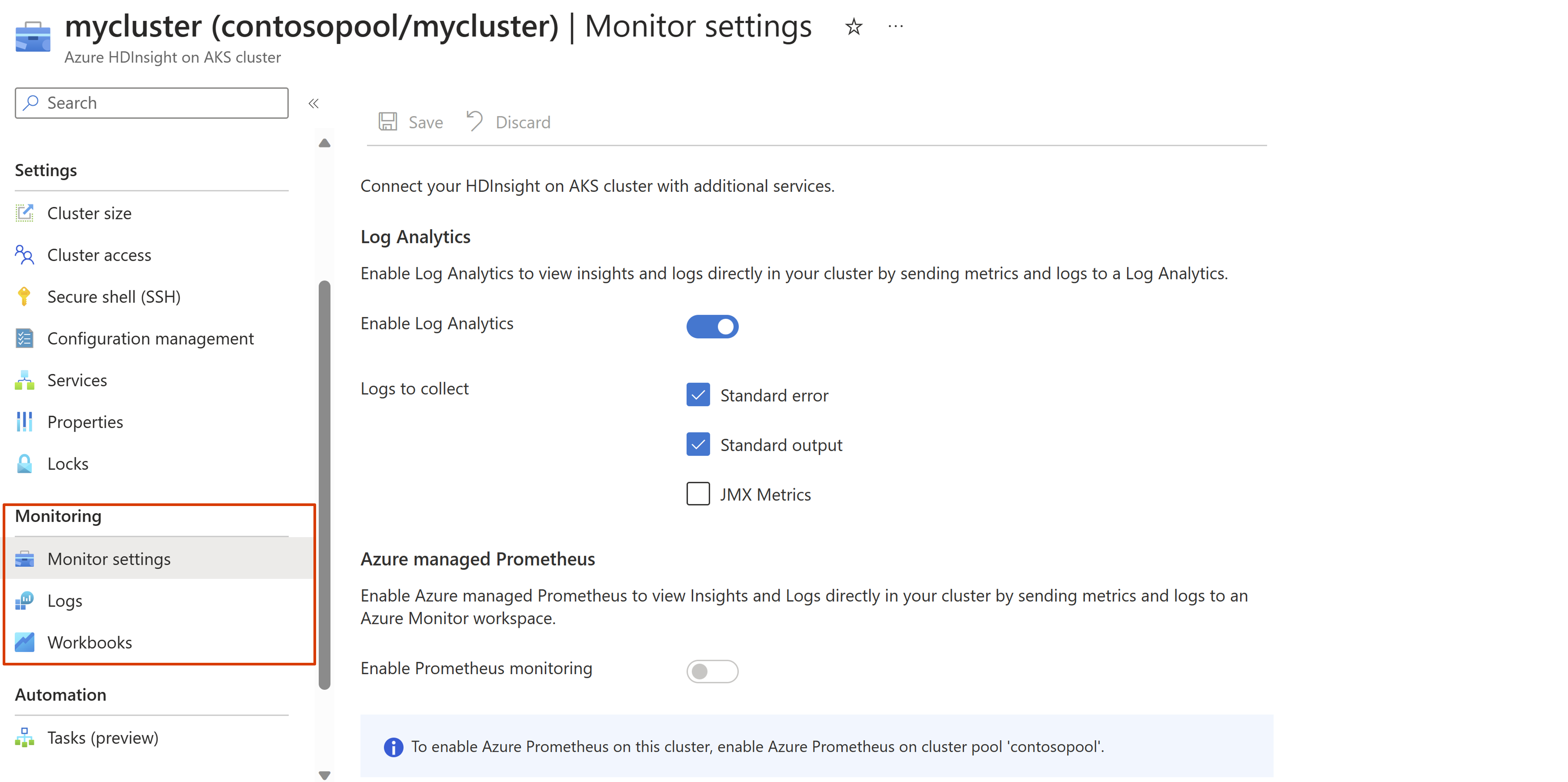 Zrzut ekranu przedstawiający sekcję Monitorowanie klastra w witrynie Azure Portal.