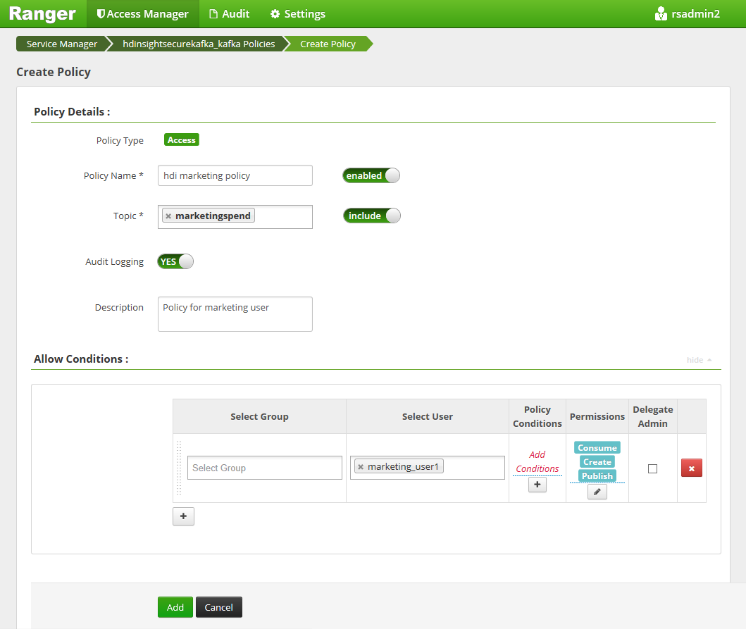 Zrzut ekranu przedstawiający interfejs użytkownika administratora platformy Apache Ranger Create Policy 2.