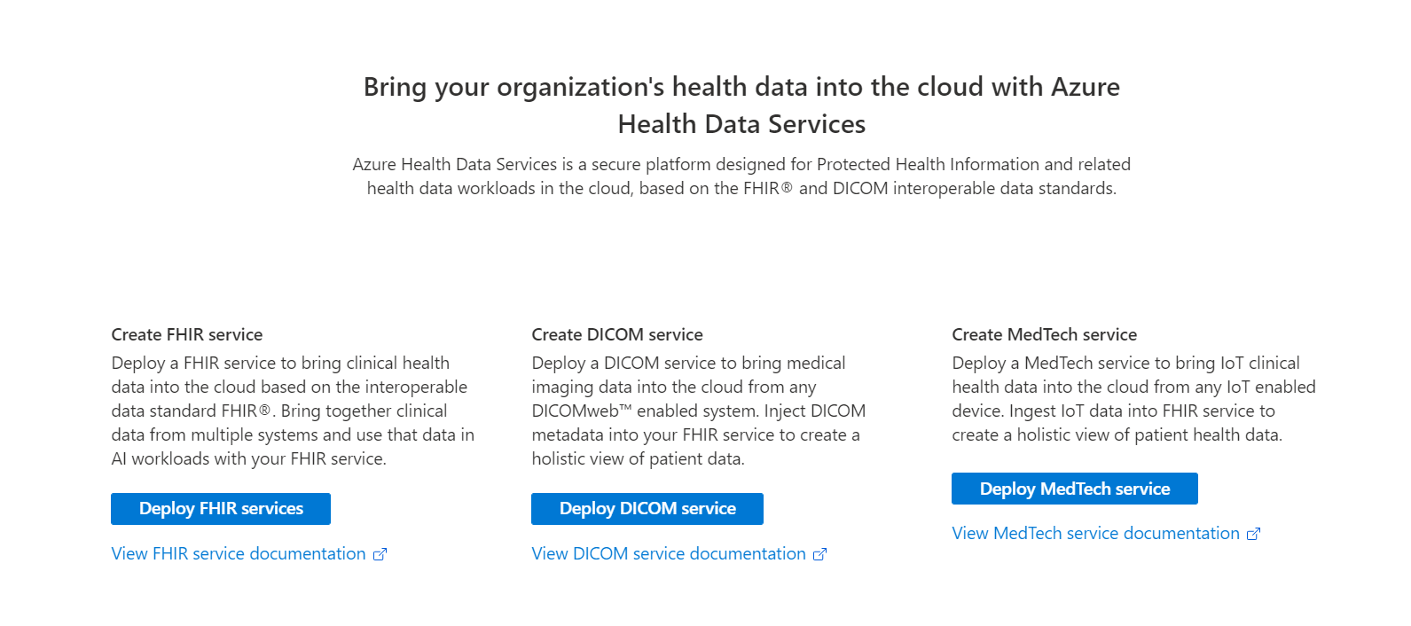 Screenshot of the newly deployed Azure Health Data Services workspace.