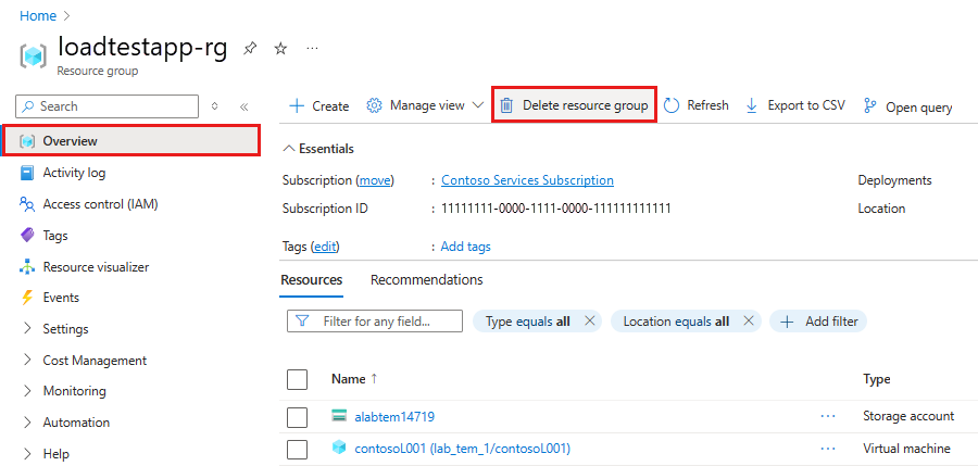 Zrzut ekranu przedstawiający wybrane opcje usuwania grupy zasobów w witrynie Azure Portal.
