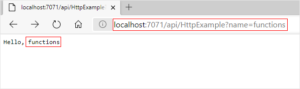 Odpowiedź hosta localhost funkcji wyświetlona w przeglądarce