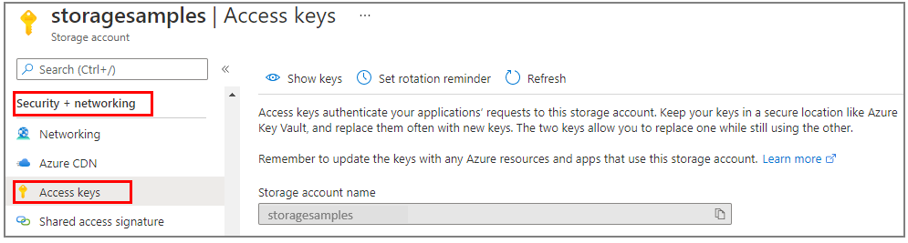 Zrzut ekranu pokazujący, gdzie znajdują się ustawienia klucza dostępu w Azure Portal