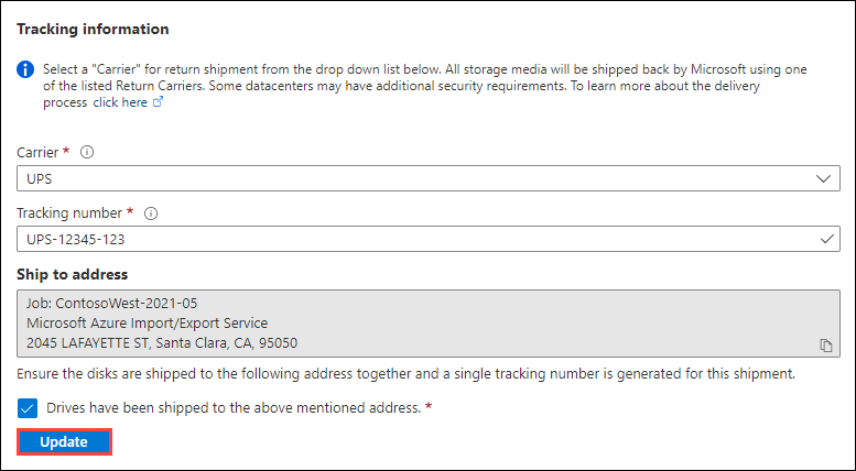 Zrzut ekranu przedstawiający informacje o śledzeniu w okienku Przegląd zadania eksportu usługi Azure Import w stanie Ukończono, jak pokazano w portalu w wersji zapoznawczej.