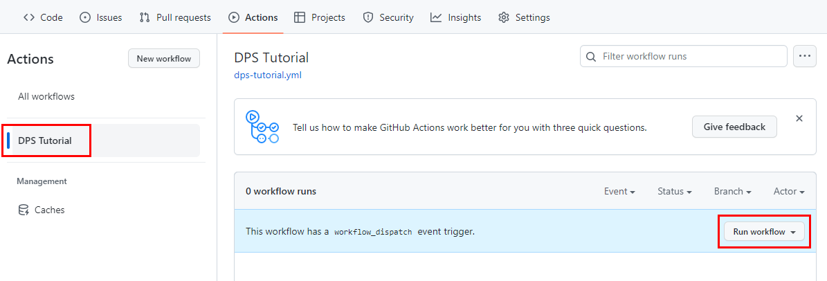 Screenshot of the action tab where you can select a workflow and run it.