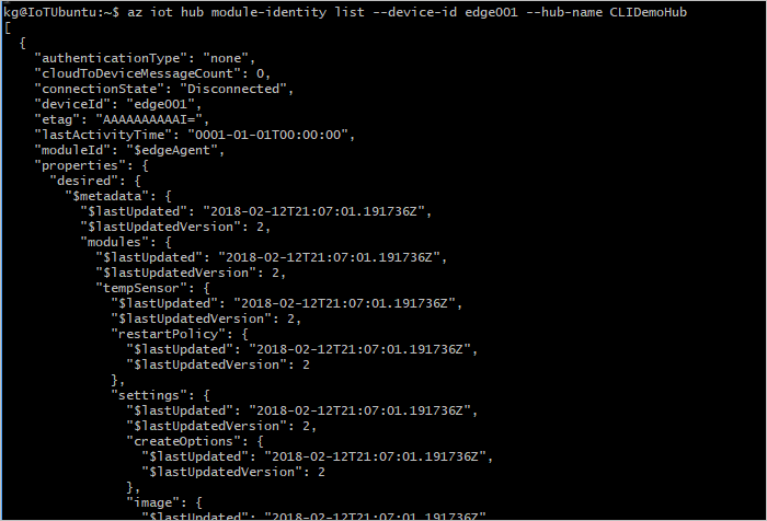 Zrzut ekranu przedstawiający dane wyjściowe polecenia az iot hub module-identity list.