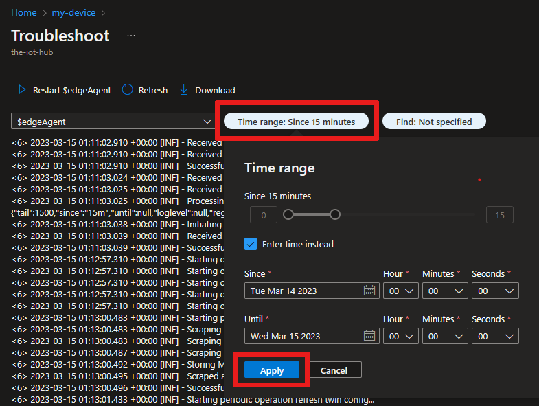 Zrzut ekranu przedstawiający sposób wybierania przedziału czasu lub czasu z filtru podręcznego zakresu czasu.