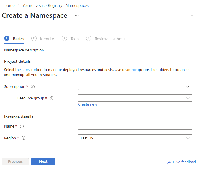 Zrzut ekranu, który pokazuje, jak wypełnić kartę Podstawy dla przestrzeni nazw ADR w portalu Azure.