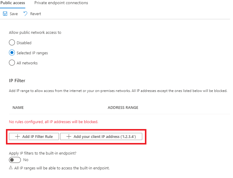 Screenshot showing how to add an IP filter rule to an IoT hub.