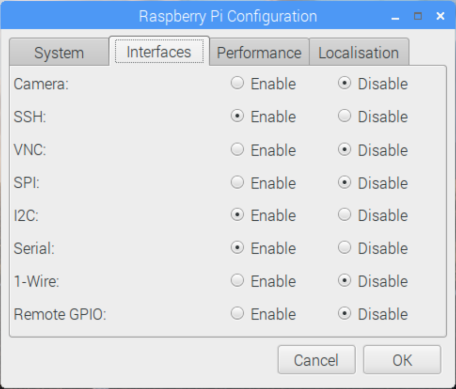 Zrzut ekranu przedstawiający konfigurację umożliwiającą włączenie protokołu I2C i protokołu SSH na urządzeniu Raspberry Pi.