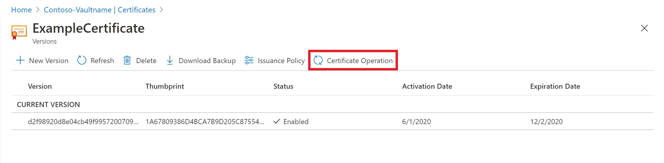 Zrzut ekranu przedstawiający kartę Operacja certyfikatu.