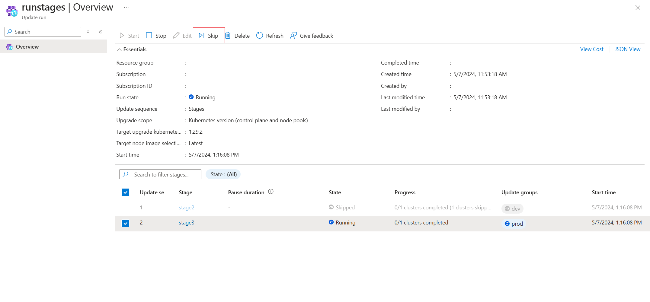Zrzut ekranu witryny Azure Portal przedstawiający sposób pomijania uaktualniania dla określonego etapu w przebiegu aktualizacji.