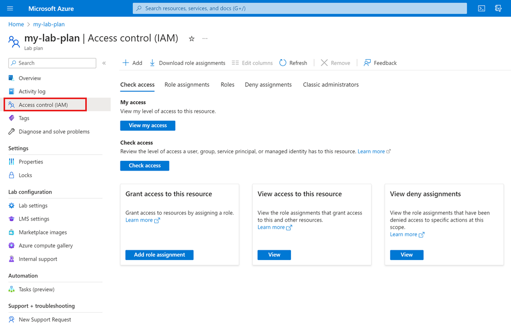 Screenshot that shows the Access Control page in the Azure portal to manage role assignments.