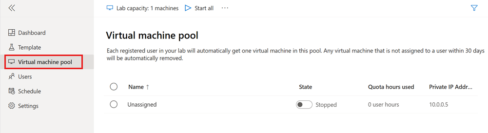 Zrzut ekranu przedstawiający listę maszyn wirtualnych dla laboratorium. Maszyna wirtualna laboratorium jest wyświetlana jako nieprzypisane i zatrzymana.