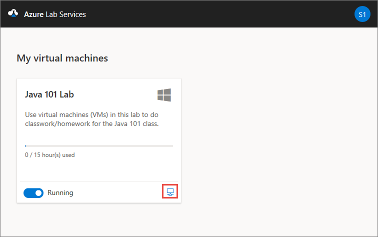 Zrzut ekranu przedstawiający stronę Moje maszyny wirtualne w witrynie internetowej usługi Azure Lab Services z wyróżnionym przyciskiem Połączenie.