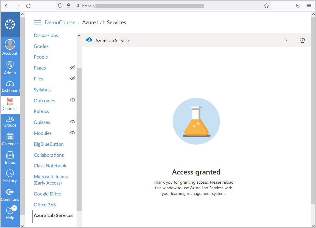 Screenshot of access granted page in Azure Lab Services.