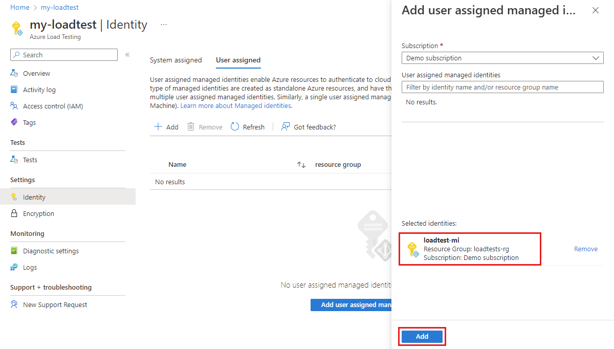 Zrzut ekranu przedstawiający sposób włączania tożsamości zarządzanej przypisanej przez użytkownika na potrzeby testowania obciążenia platformy Azure.