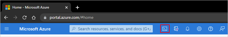 Zrzut ekranu przedstawia pasek narzędzi Azure Portal z wybraną opcją Cloud Shell.