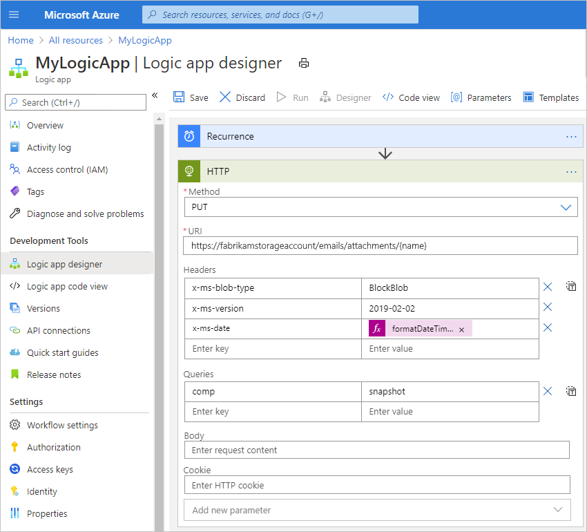 Zrzut ekranu przedstawiający Azure Portal z przepływem pracy aplikacji logiki Zużycie i akcją HTTP skonfigurowaną do uzyskiwania dostępu do zasobu.