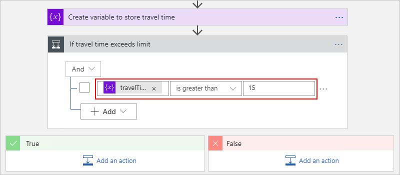 Zrzut ekranu przedstawiający gotowy warunek porównywania czasu podróży do określonego limitu.